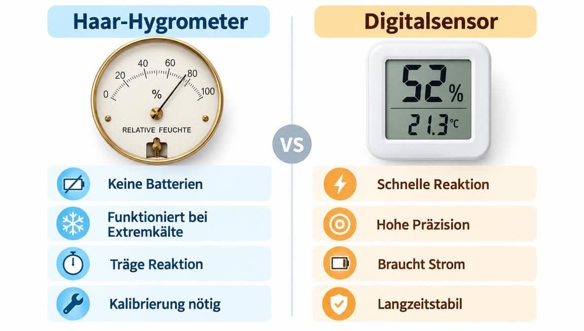 Infografik: Haarhygrometer vs. Digitalsensor im direkten Vergleich der Stärken und Schwächen