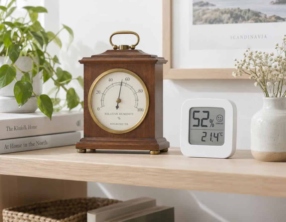 Haarhygrometer aus Holz neben modernem digitalem Hygrometer im Vergleich
