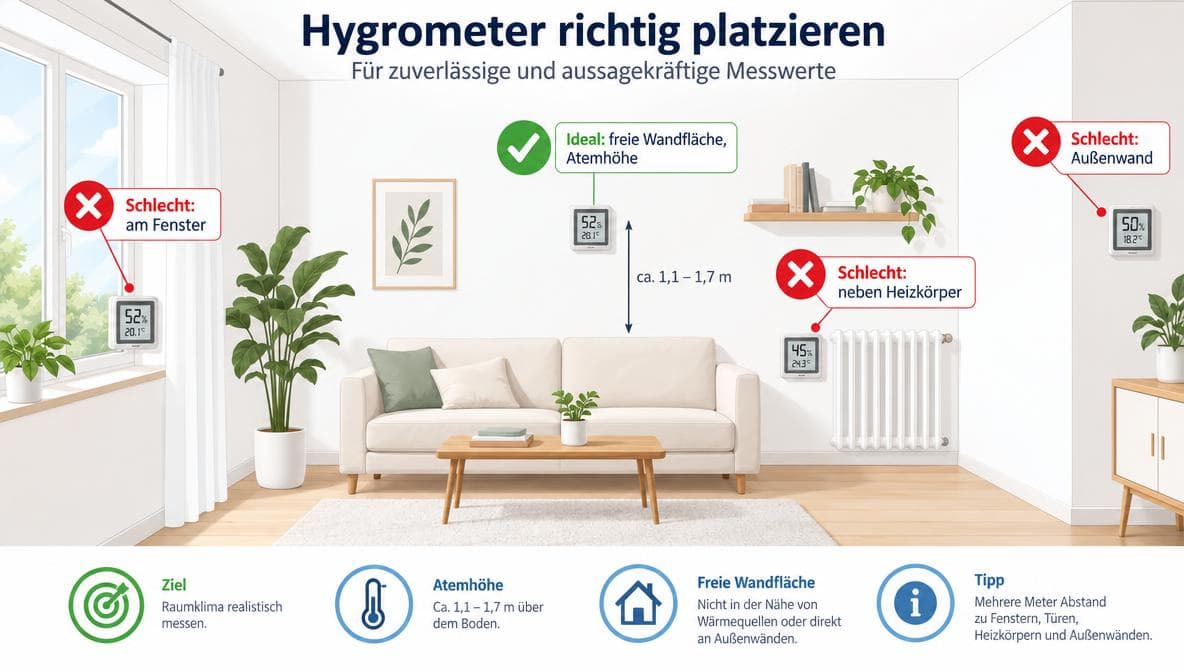 Infografik: Ideale und schlechte Standorte für ein Hygrometer im Zimmer im Überblick