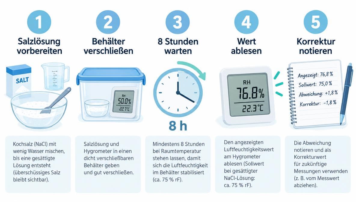 Infografik: Hygrometer kalibrieren mit Salzlösung in 5 Schritten