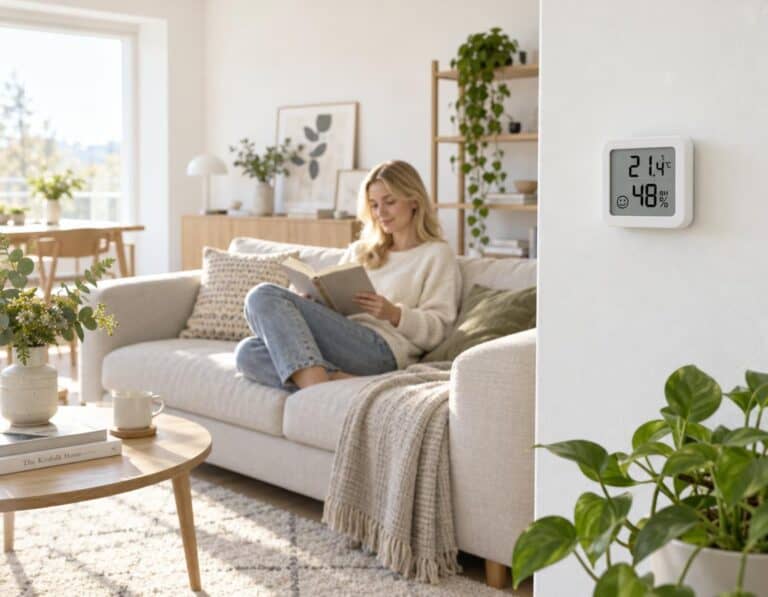 Hygrometer richtig aufstellen: Messgerät auf idealer Wandhöhe im hellen Wohnzimmer montiert