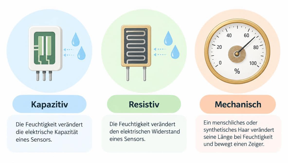 Infografik: Die drei Messprinzipien eines Hygrometers im Vergleich – kapazitiv, resistiv und mechanisch