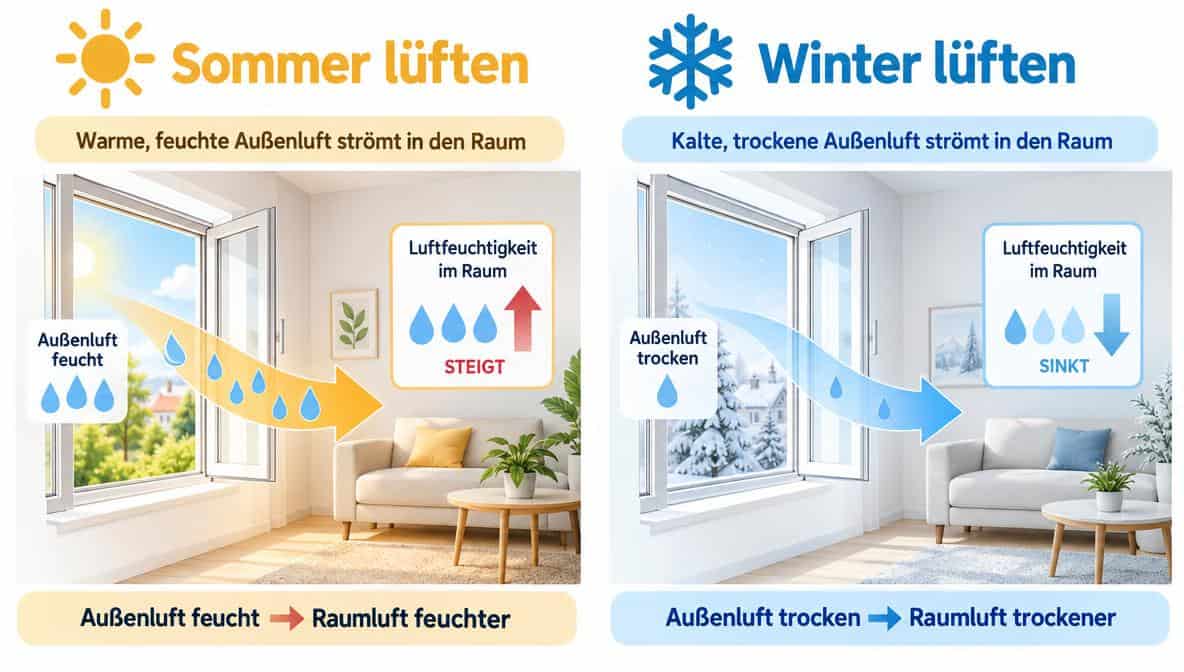 Infografik: Lüften im Sommer erhöht die Luftfeuchtigkeit, im Winter senkt es sie