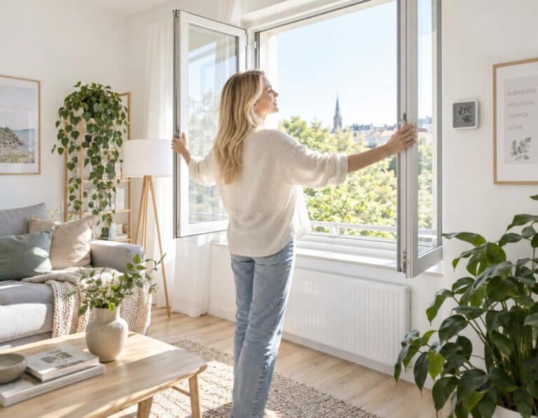 Richtig lüften: Frau öffnet Fenster im Wohnzimmer mit Hygrometer an der Wand