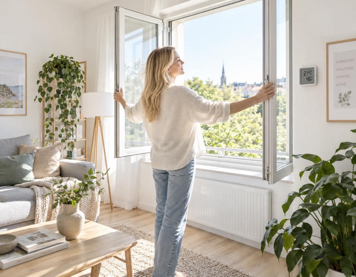 Richtig lüften: Frau öffnet Fenster im Wohnzimmer mit Hygrometer an der Wand