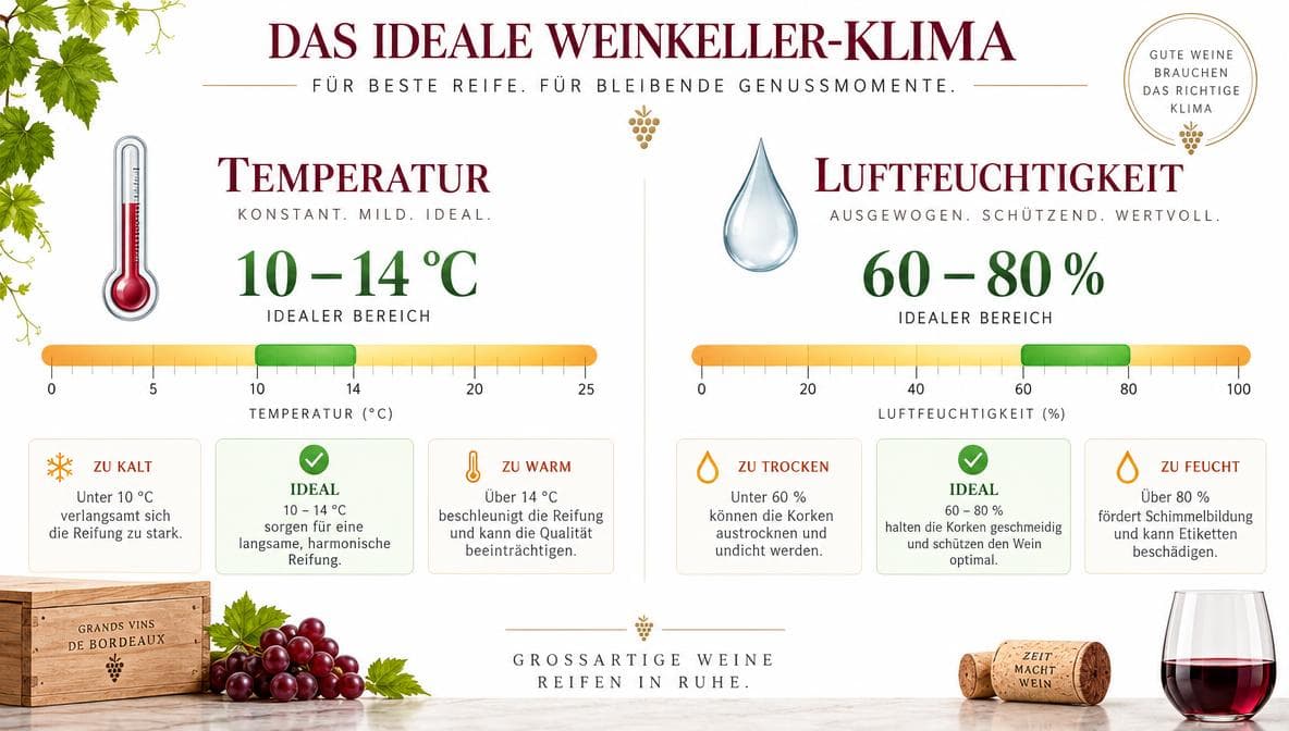 Infografik: Ideale Temperatur und Luftfeuchtigkeit im Weinkeller im Überblick