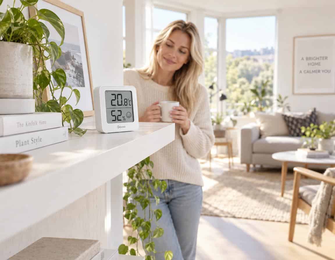 Hygrometer auf Regal in hellem Wohnzimmer zeigt Luftfeuchtigkeit und Temperatur an
